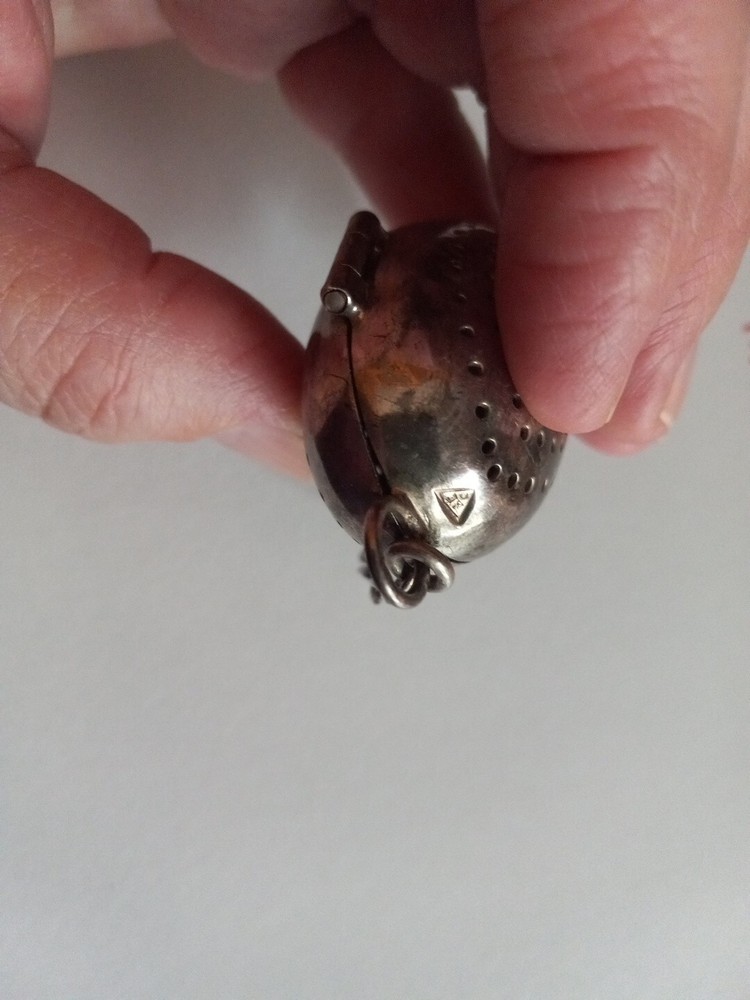 Antique Signed Silver Tea Strainer stamped AEC. Old egg shaped quality