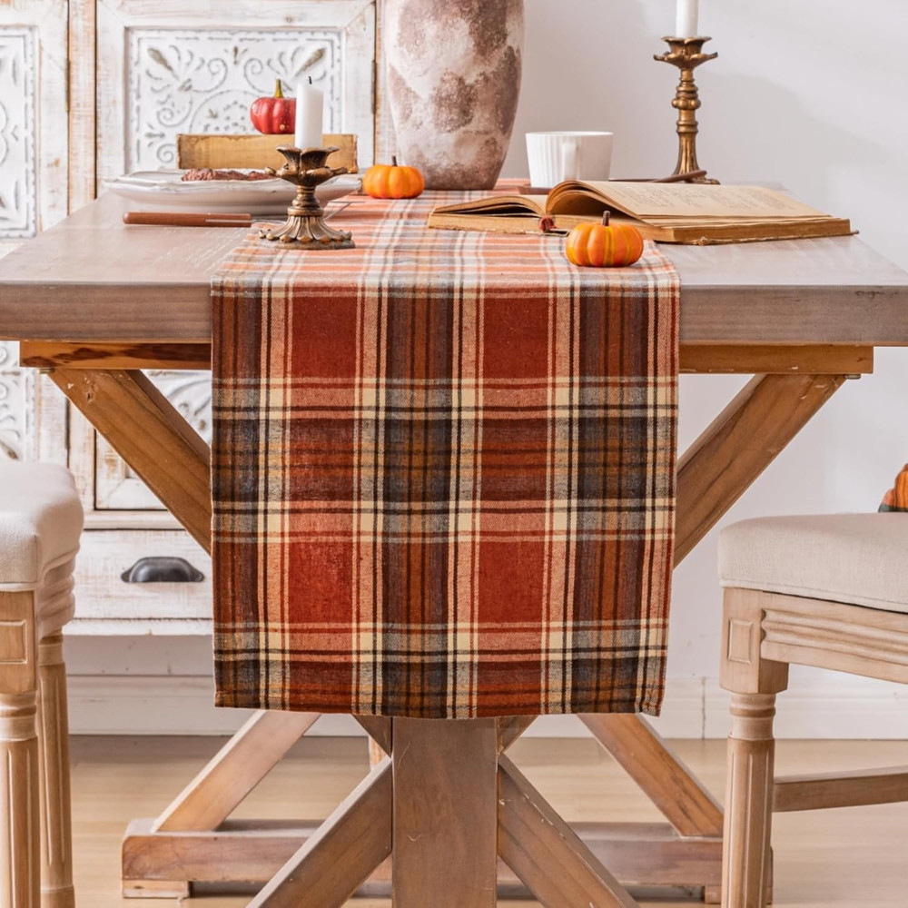 Plaid Fall Thanksgiving Table Runner, Autumn Holiday Rust Orange Table Runners 7
