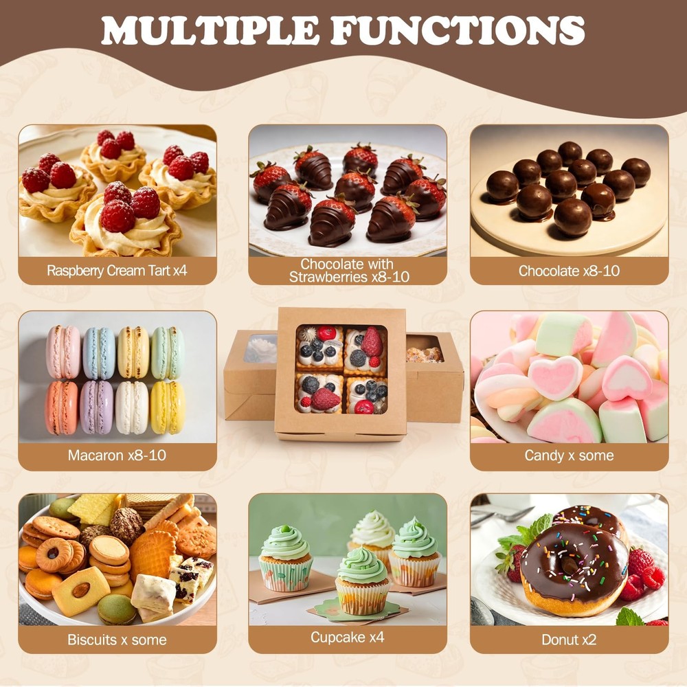 50 PCS Cupcake Boxes with Window, 6.3x6.3x3 Inch Cookie Boxes, Brown Bakery C...