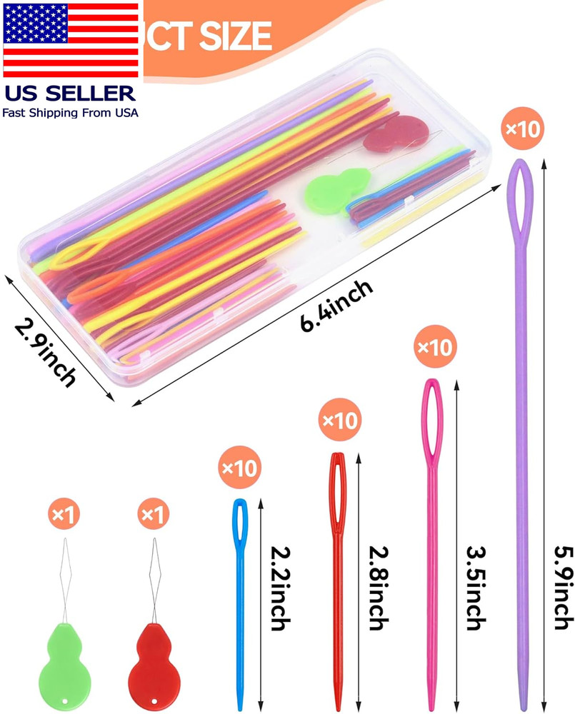 40PCS Plastic Needles – 4 Sizes with Large Eye, Plastic Sewing Needle with Threa