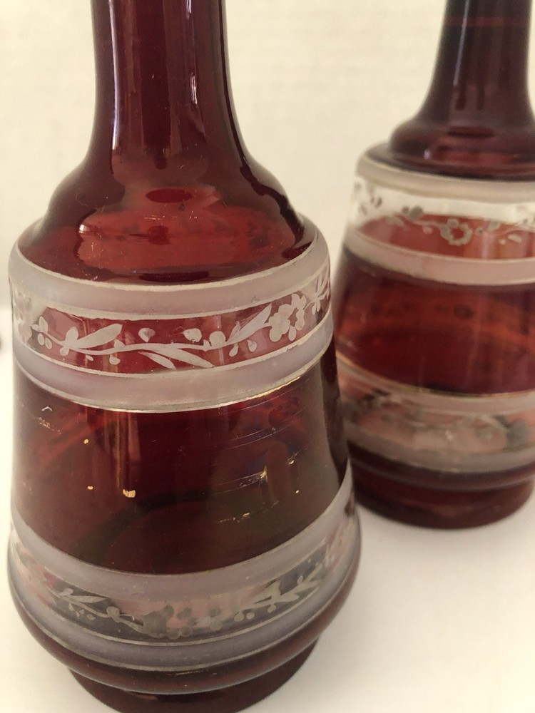 Antique Bohemian Hand Blown Ruby Red Perfume Scent Bottles Pair