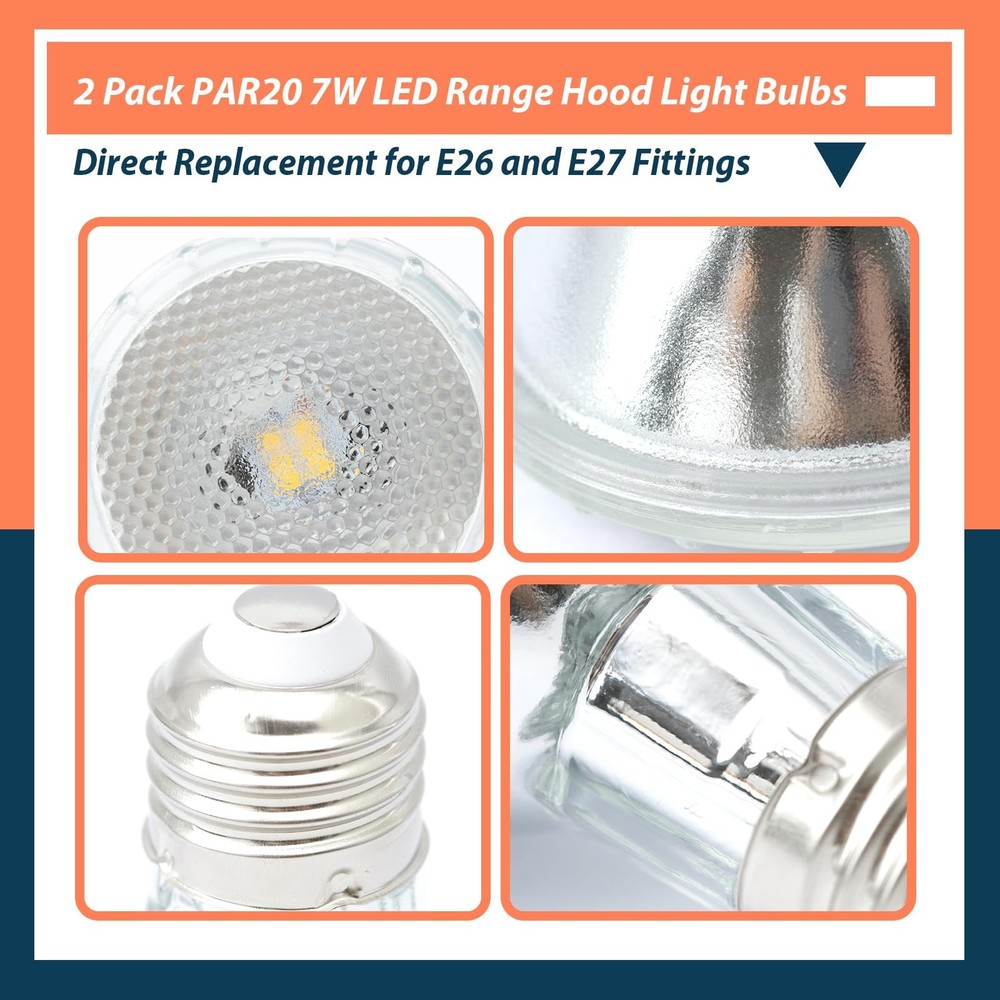 2 Pack PAR20 7W Range Hood Bulbs E26 120V Dimmable 3000K 595LM Replacement fo...