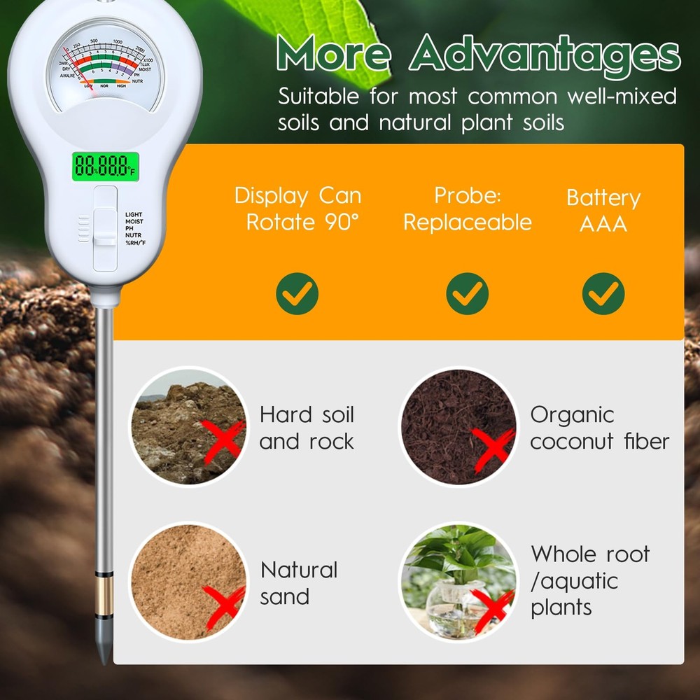 6-in-one Soil Test Kit-Soil Moisture Meter/PH Meter/Fertility/Sunlight...