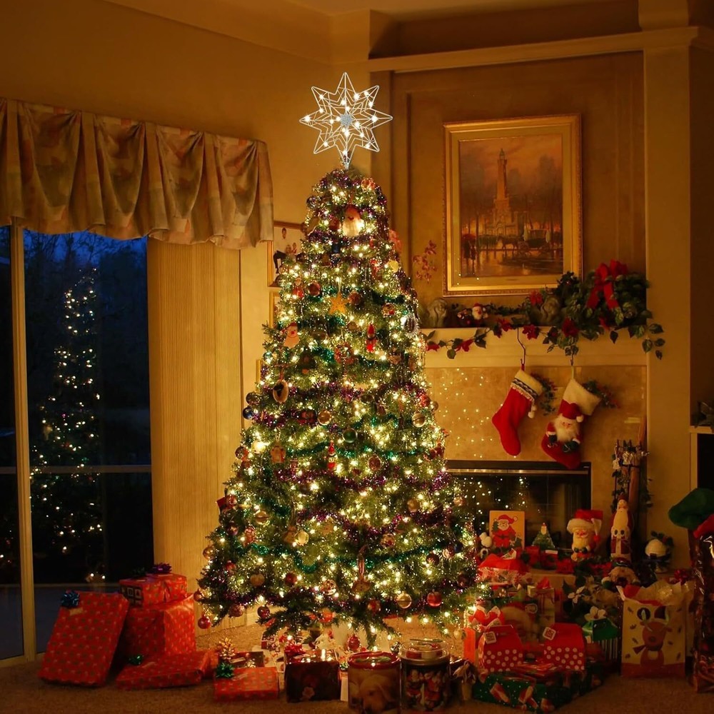 hogardeck Christmas Tree Topper, Glittered Silver 8-Pointed Large,