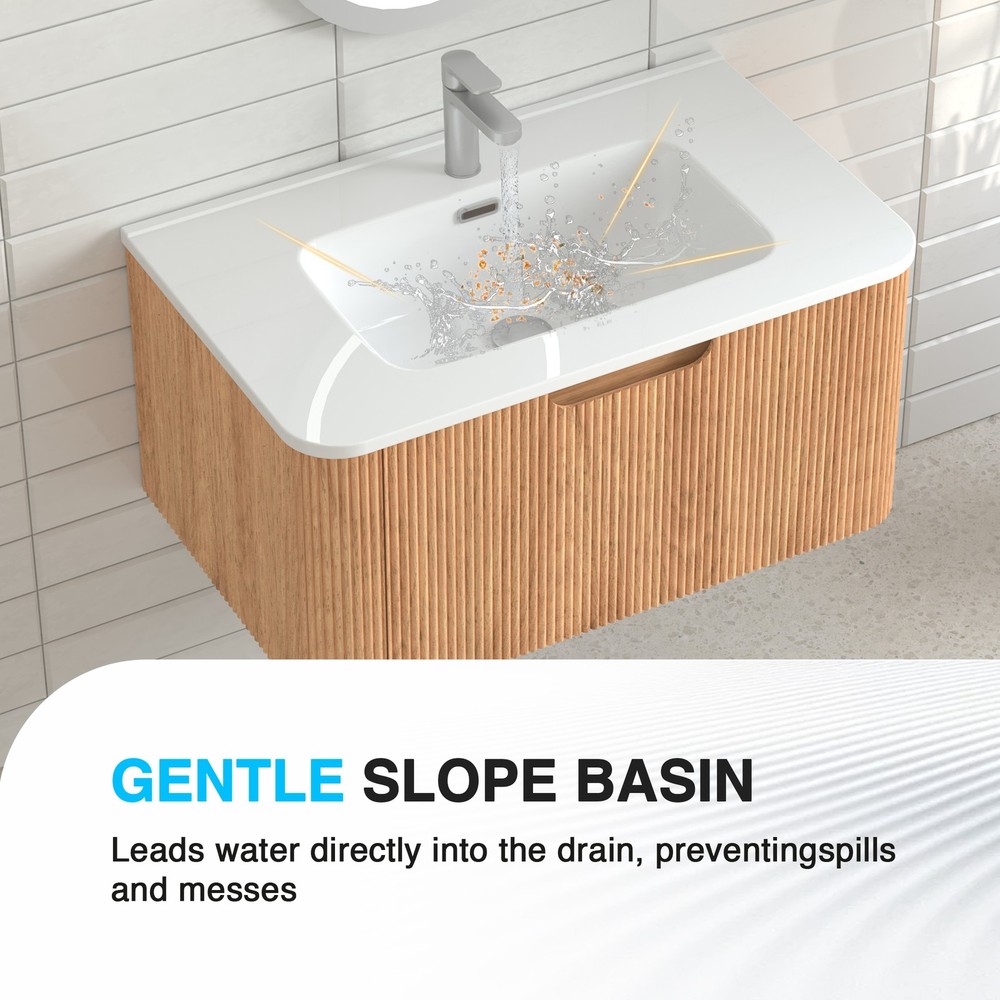 30" Wall-Mounted Floating Solid Wood Bathroom Vanity Pre-Assembled Curved Edge