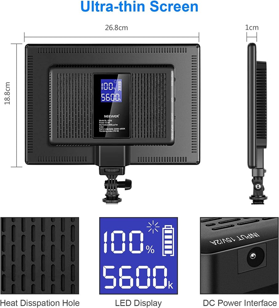 NEEWER Ultra-Thin Dimmable Bi-Color 192 LED Video Light Panel with LCD Display