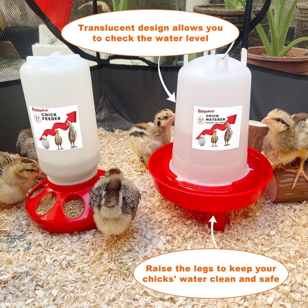 Adjustable Height Chick Feeder & Waterer Set - Space-Saving Anti-Drown Features