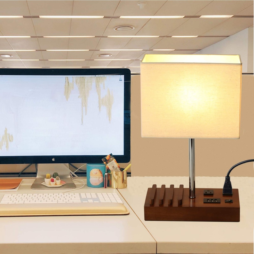 Briever USB Table Lamp, MultiFunctional Bedside Desk Lamp with 2 AC Outlets, ...