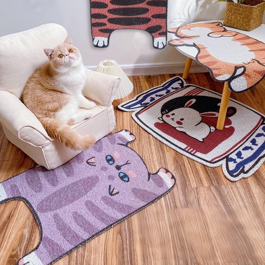 32"x20" Cat Litter Box Trapping Mat, Cute Kitty Design, Soft Comfortable, Eas...