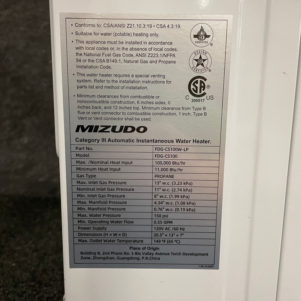 MIZUDO FDG-CS100 14L Propane Indoor Tankless Water Heater 100,000BTU/HR *
