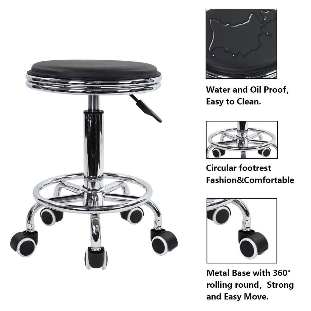 Round Rolling Stool with Foot Rest PU Leather Height Adjustment Modern Indust...