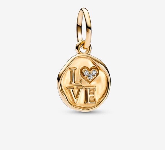 Authentic Pandora Solid 14k Yellow Gold Sparkling Love Stamp Dangle Charm