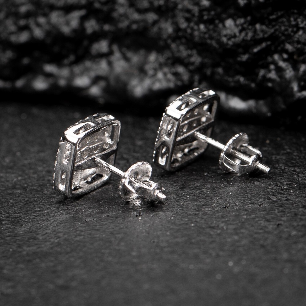 Iced Cz Square Sterling Silver White Gold Plated Cube Shaped Stud Earrings