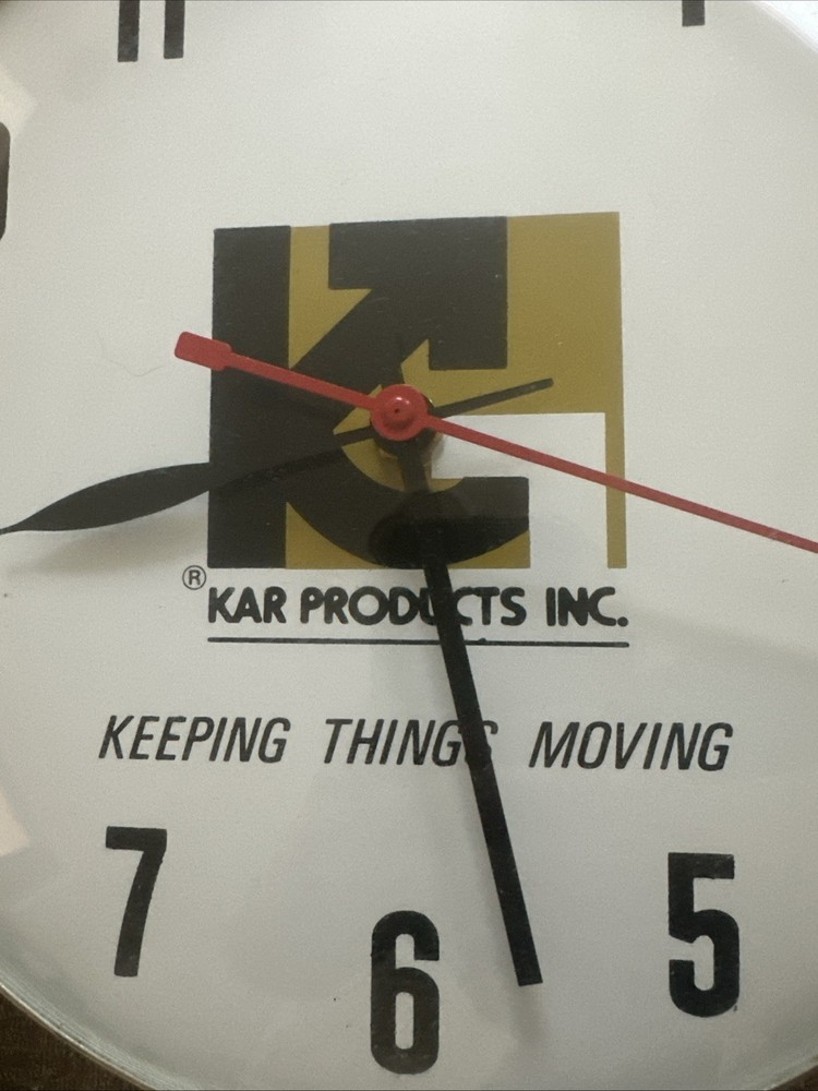 Vintage KAR PRODUCTS INC “ Keeping Things Moving “ Wall Clock - Working