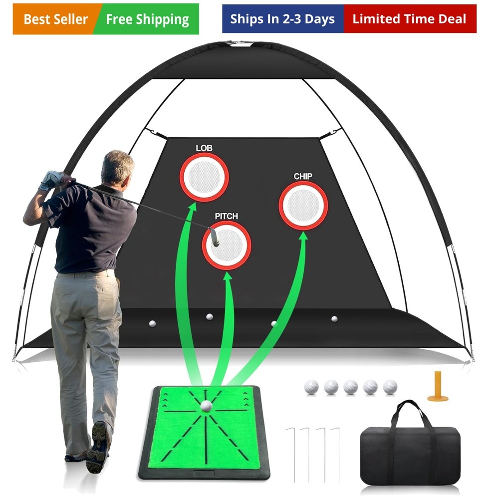 Golf Net, 10x7FT Golf PracticeNet with Swing Mat, Golf Hitting Net for Backya...