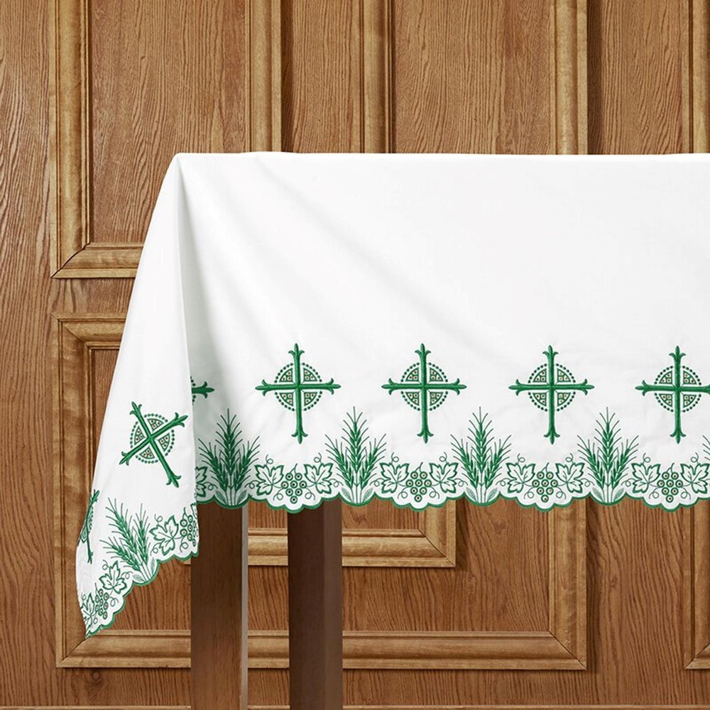 Green Eucharistic Altar Frontal Features Grapes and Wheat with Cross Embroidery