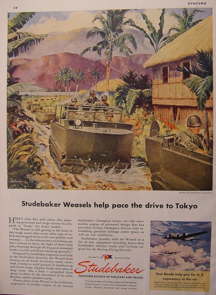 1945 Esquire Advertisements WWII Era STUDEBAKER Weasels CURTISS WRIGHT Airplanes