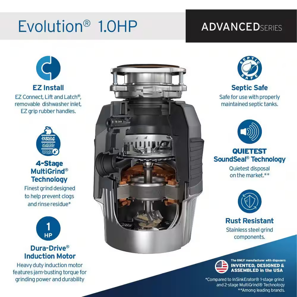 Evolution 1HP, 1 HP Garbage Disposal, Advanced Series EZ Connect Continuous Feed