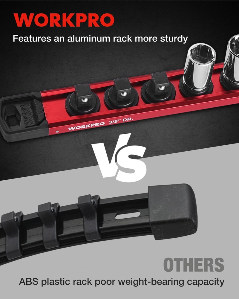 WORKPRO 3/8" Drive Magnetic Socket Organizer with 10Pcs Removable Socket Clips