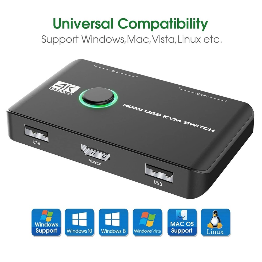 Versatile HDMI & USB KVM Switch for 2 PCs - Driver-Free Plug-and-Play Experience