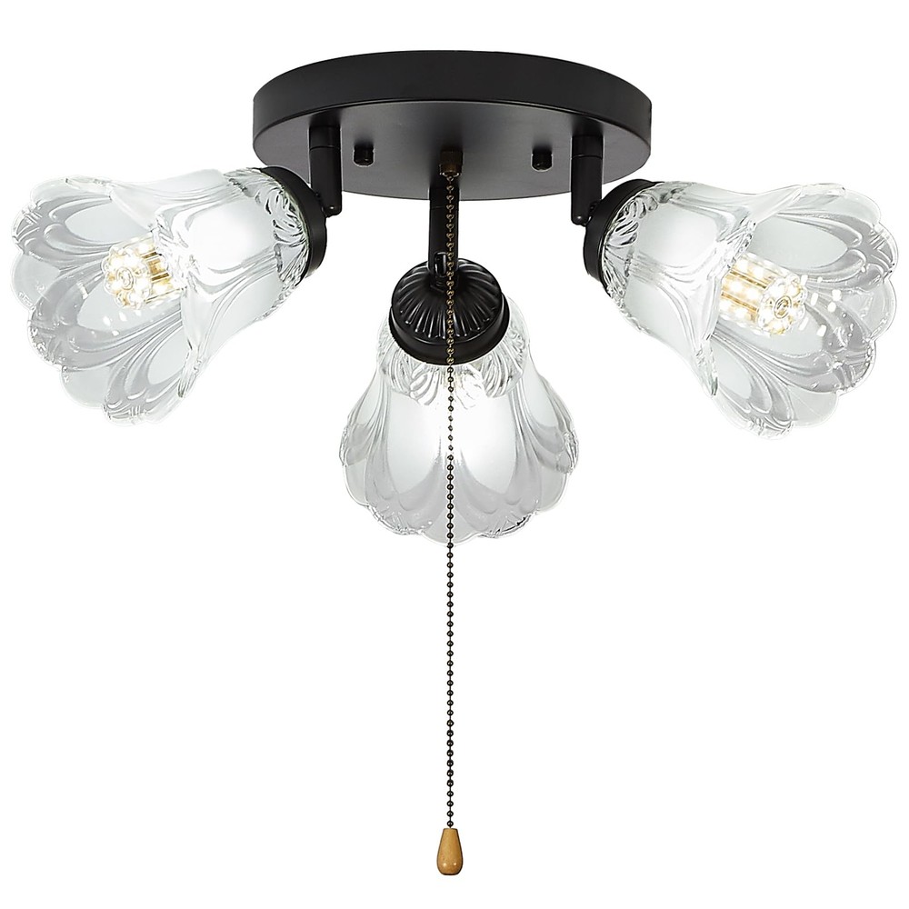 3-Light Flush Mount Ceiling Light with Pull Chain Clear and Frosted Glass Low...