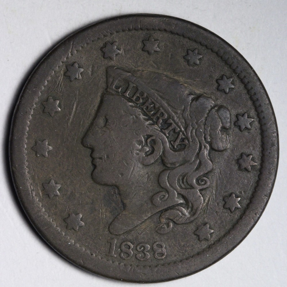 1838 Coronet Head Large Cent FINE E100 SCF