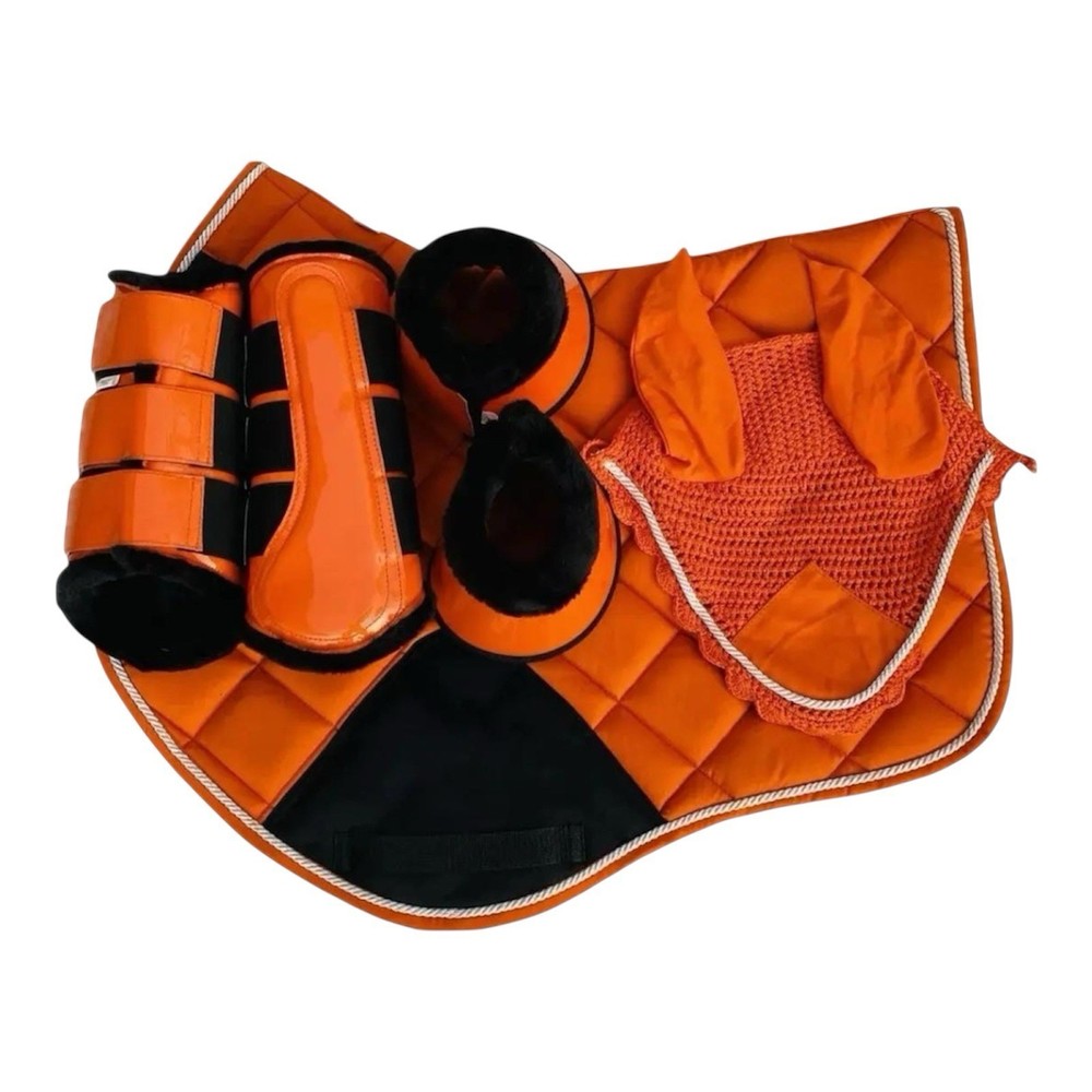 Equestrian Saddle Pad Set with Matching Ear Bonnet, Brushing Boots & Bell Boots