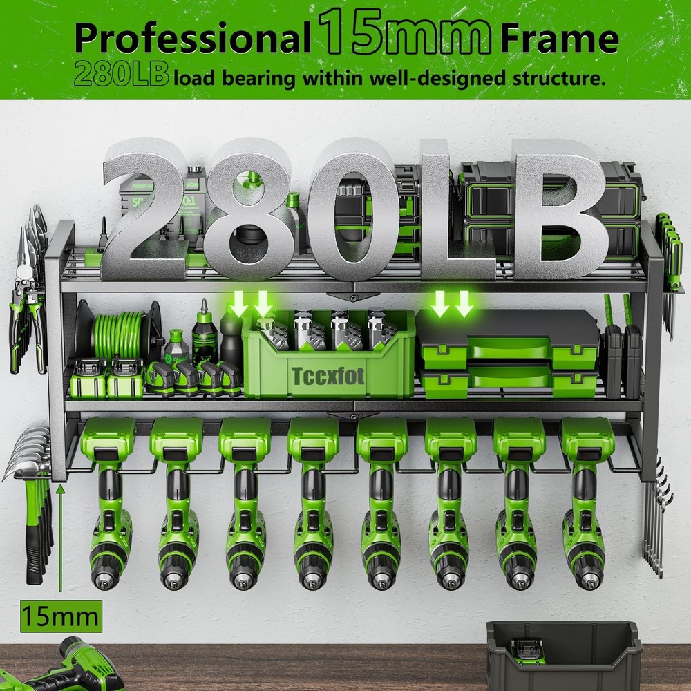 Power Tool Organizer - 3 Layer 8 Drill Holder Wall Mount, Storage Rack for Ga...