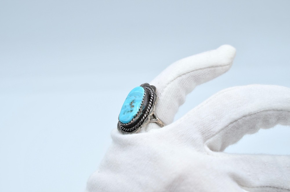Vintage 1970s Sterling Silver & Turquoise Pie Crust Setting Ring Size 6.5