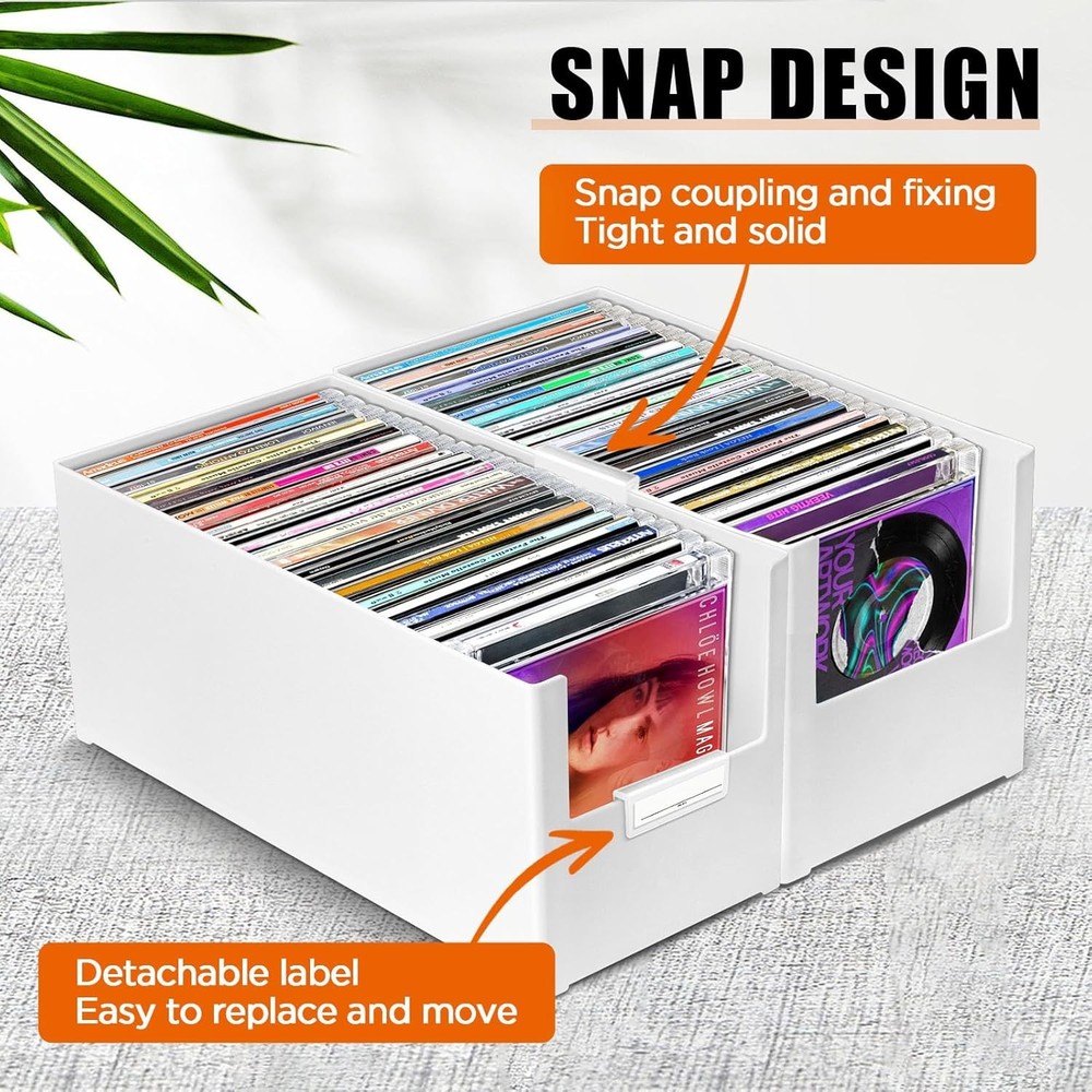 CD Storage Box, Stackable Plastic CD Organizer, Hold Up to 25 CDs, CD Storage Ca