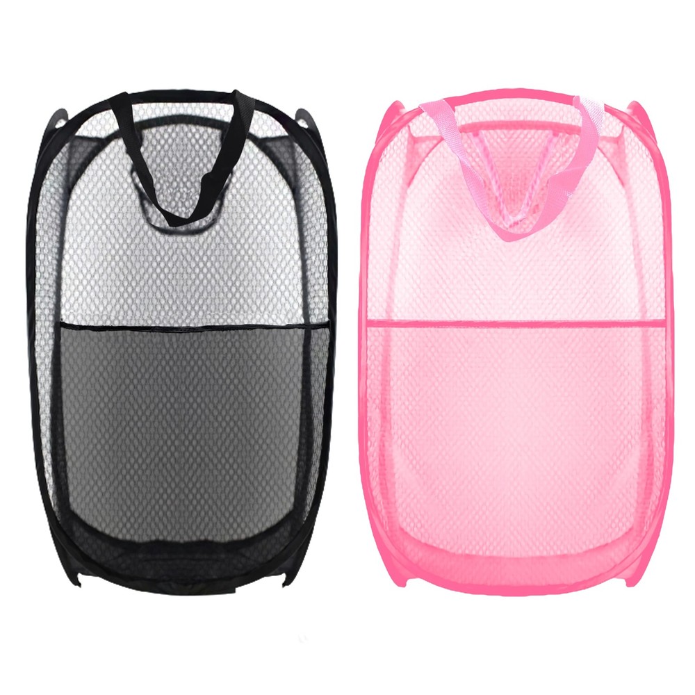 Collapsible Pop Up Laundry Hamper, Mesh Foldable Extra Large, 2P Black+Pink