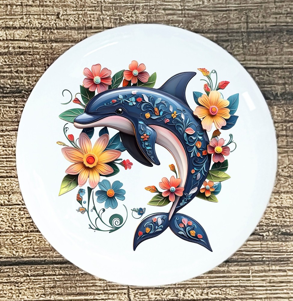 DOLPHIN  FLORAL back round White ceramic knob kitchen cabinet pull STYLE 12