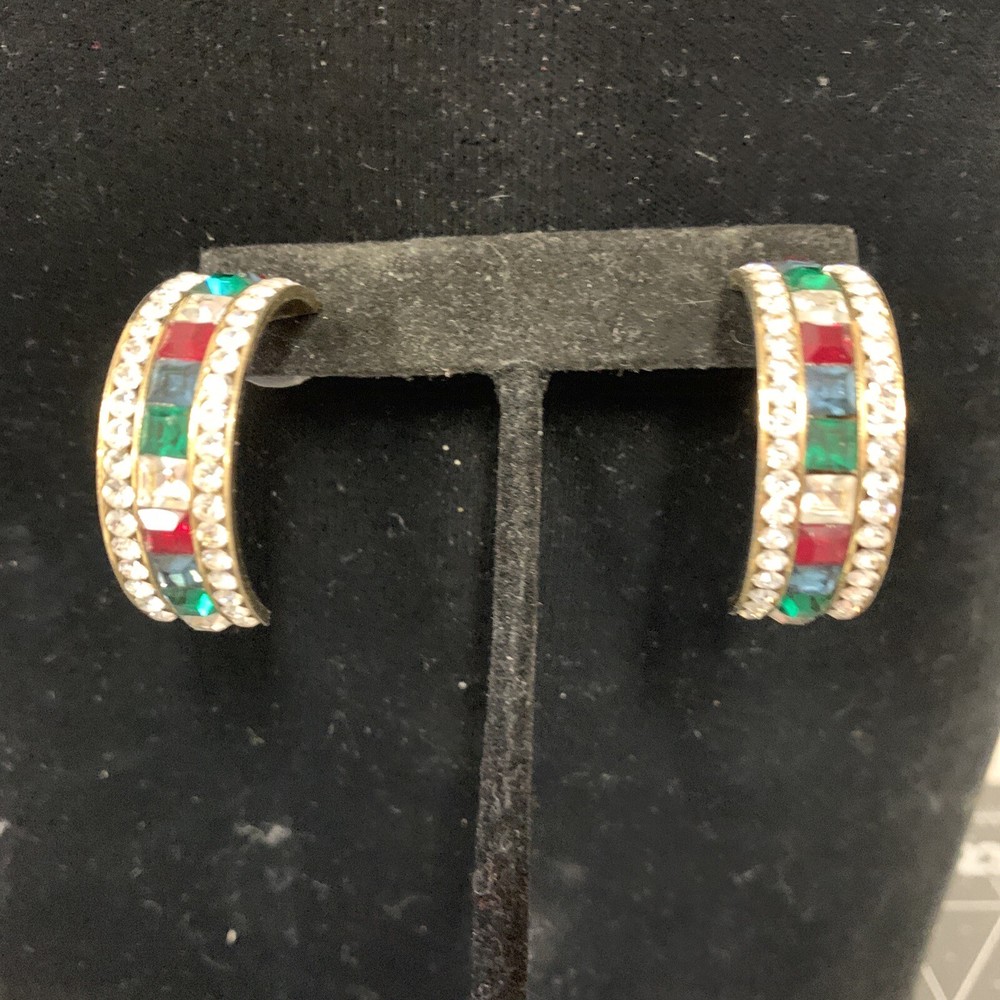 Gold Tone Multicolor Rhinestones Half Hoop Post Earrings