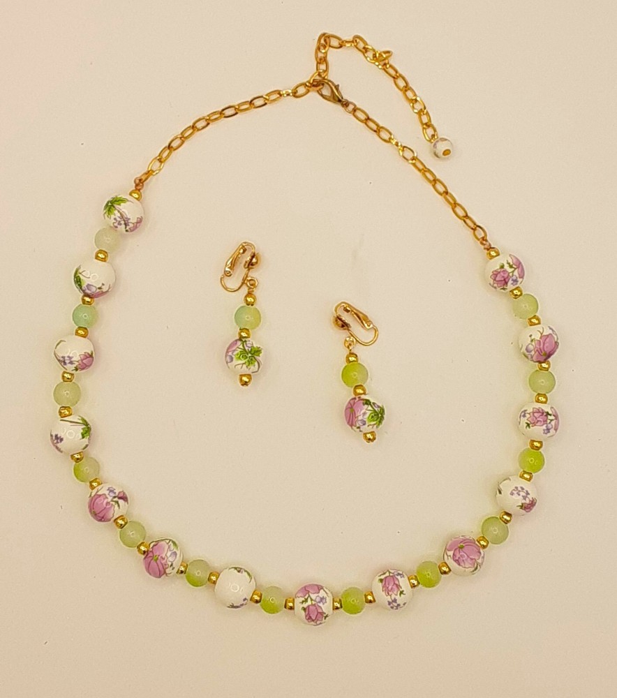 Faux Jade and Painted Ceramic Bead Necklace & Earring Set