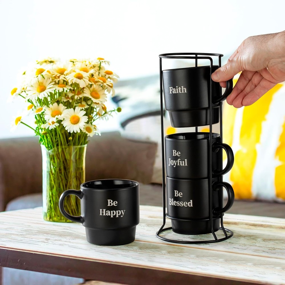 Set of 4 Stackable 15 oz Coffee Mugs with Rack Black