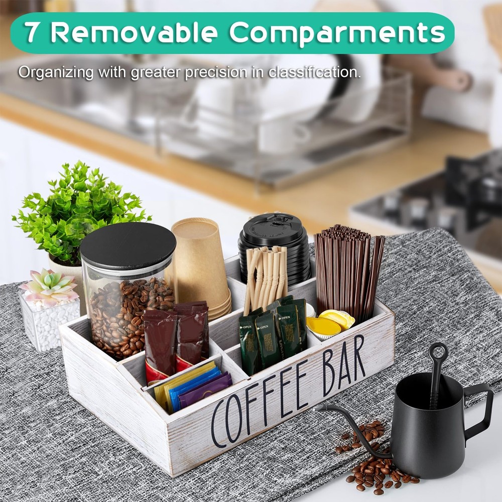 White Coffee Station Organizer Countertop 7 Compartment Rustic Bar Decor