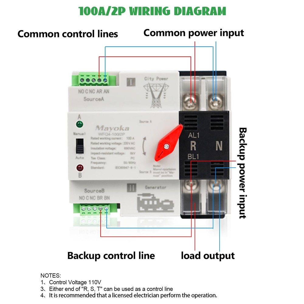 100A Automatic Transfer Switch for Home Generator - AC 220V 2 Pole ATS with...