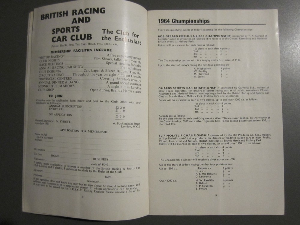 BRSCC Mallory Park Easter Monday 30 March 1964 programme