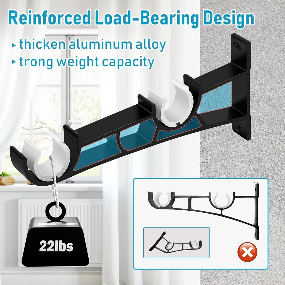 Curtain Rod Brackets, Double Bracket, Heavy Duty 3 Pack, Black