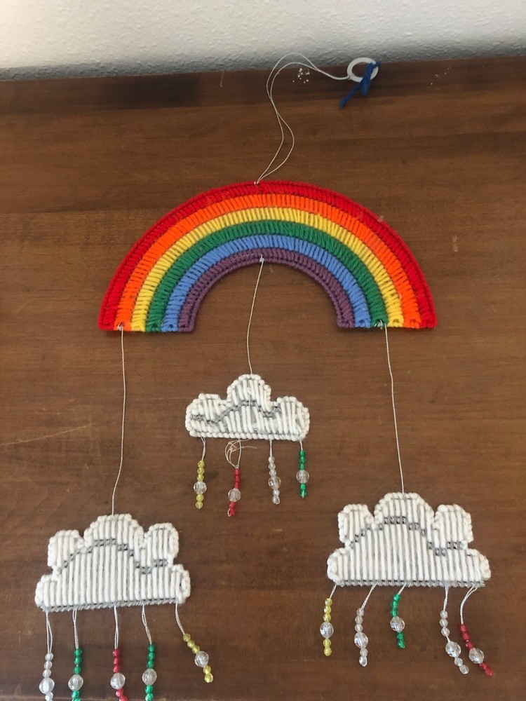 Handmade rainbow colorful plastic canvas wall hanger art