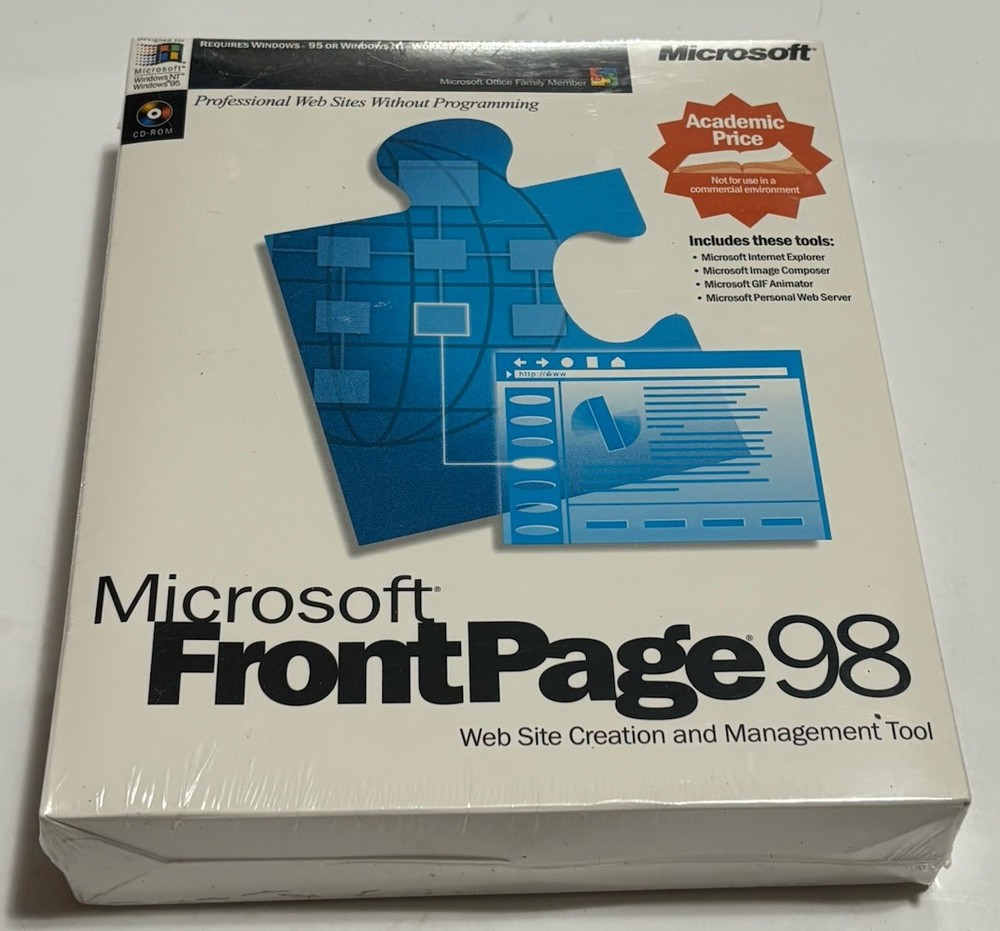 Microsoft FrontPage 98 Academic Edition Sealed Big Box Vintage PC Software