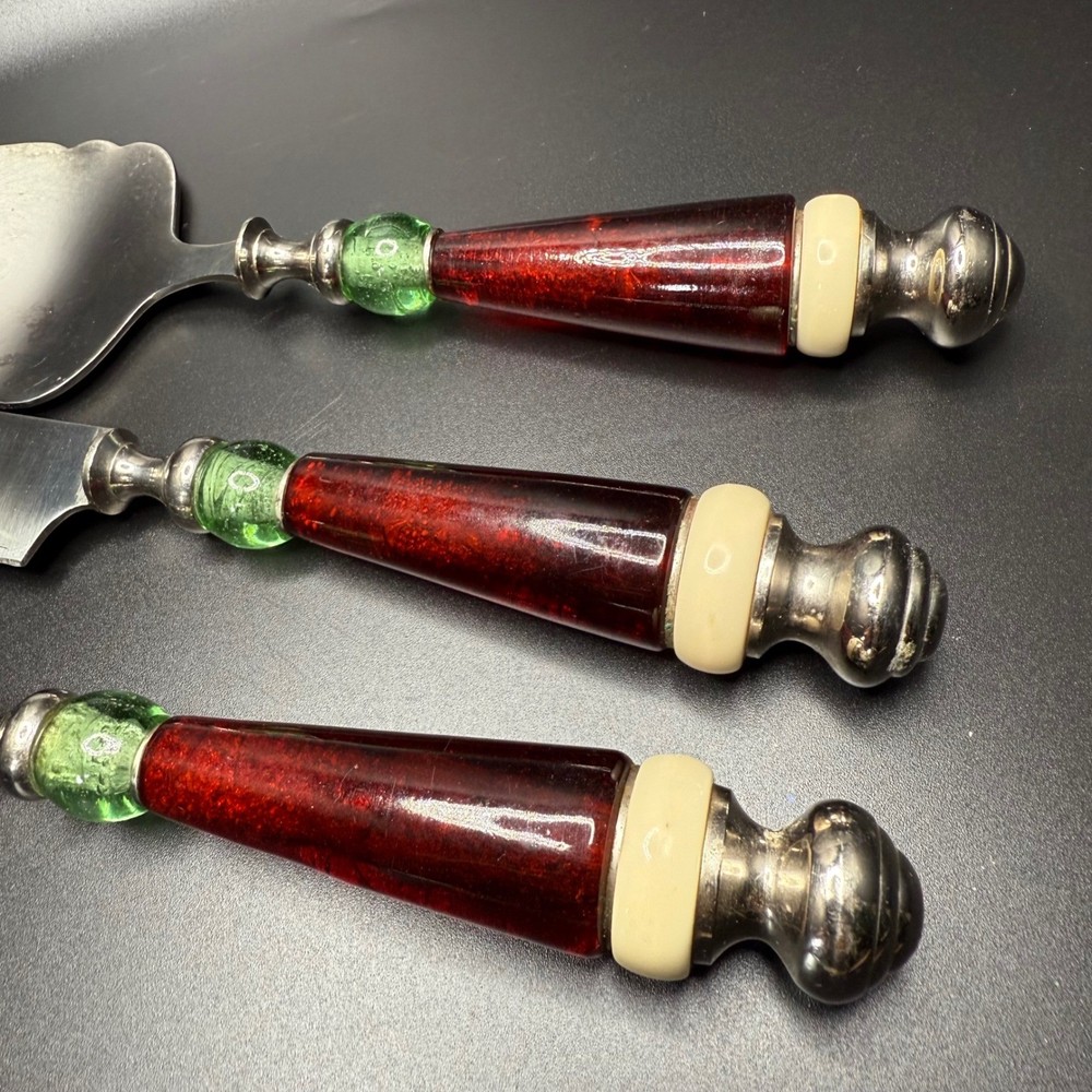 Lenox Serving Utensils Cake Pie Server Fork Knife Set Red Green Beaded Handles