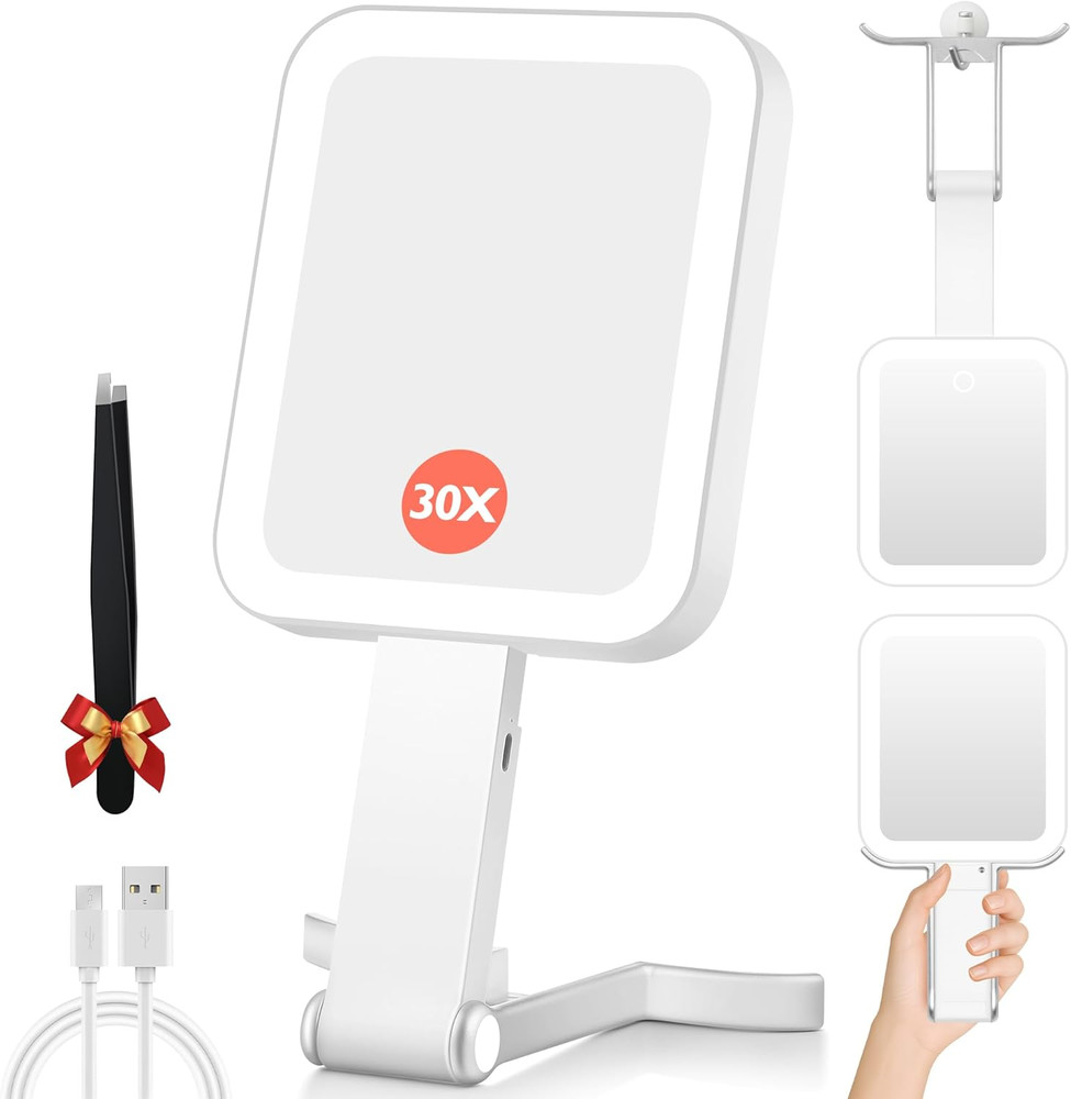 Double-Sided 30X/1X Magnifying Travel Mirror with Adjustable Light and Foldable
