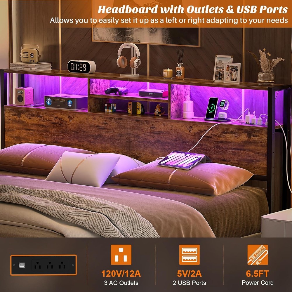 Aheaplus Headboard for King Size Bed with Storage, King, Rustic Brown