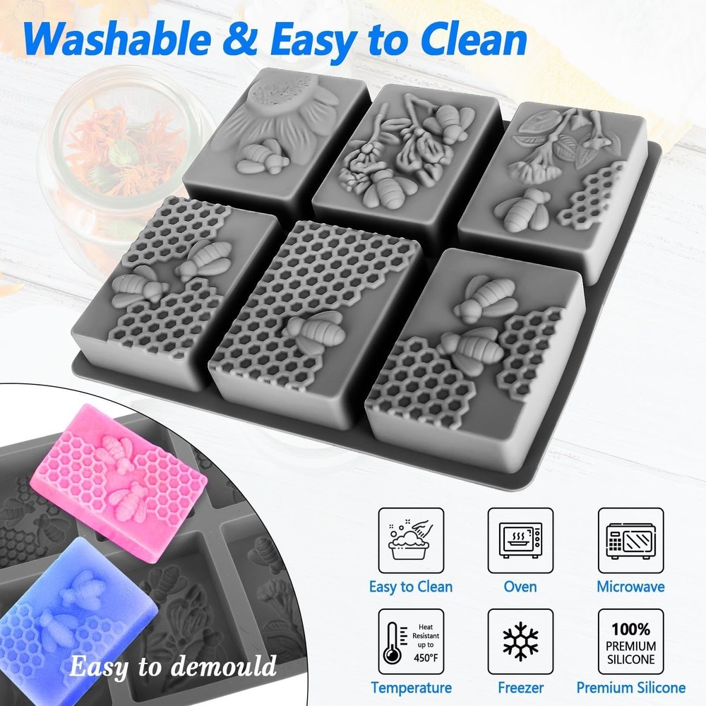 (More Styles Optional) 3 Pack Bee Soap Silicone Molds Set, Round + Rectangula...