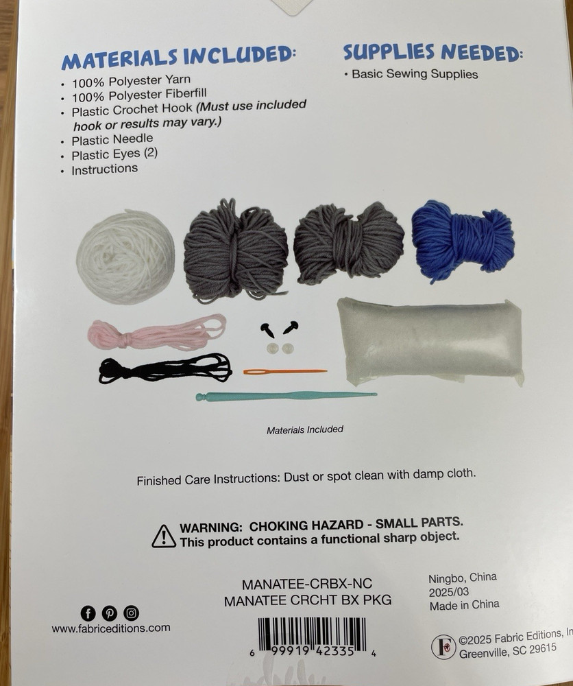 Crochet Kit MANATE Intermediate Level 8.5" Needle Creations Blue & White NEW
