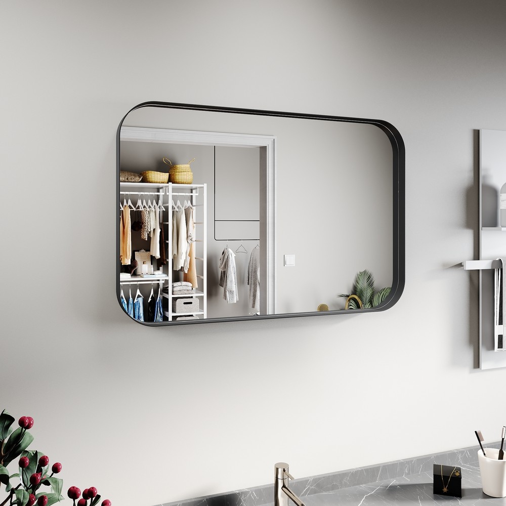 36" x 24" Bathroom Wall Mirror Rounded Corner Rectangle Vanity Mirror Black