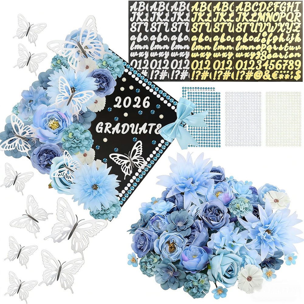 69 Pcs Graduation Cap Decorations Kits, Grad Topper Blue
