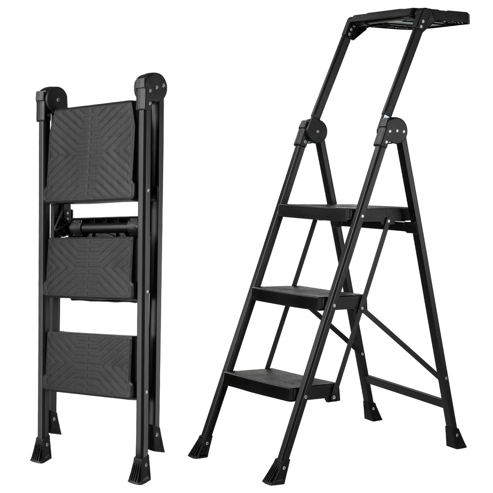 3 Step Ladder, Foldable Handrail & Tool Tray Stool Ladders with Anti-Slip Wid...
