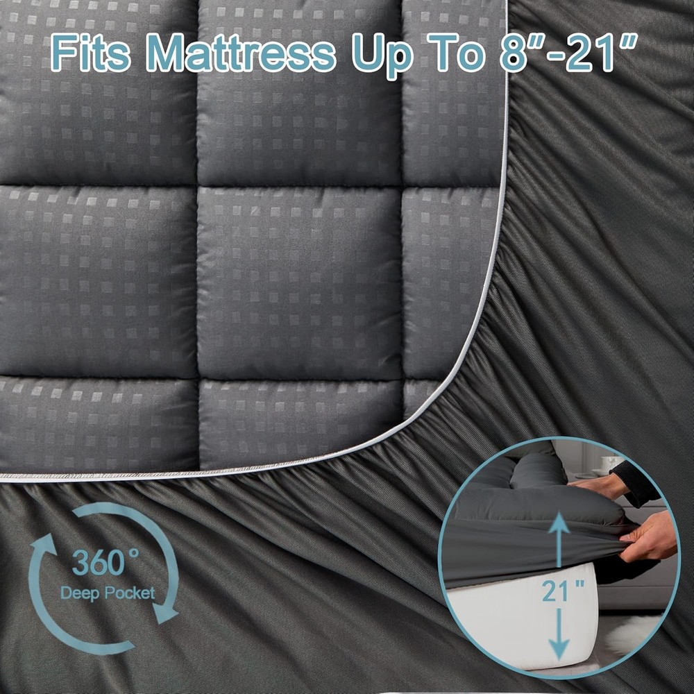 HYLEORY Queen Mattress Pad Quilted Fitted Protector Queen, Dark Grey